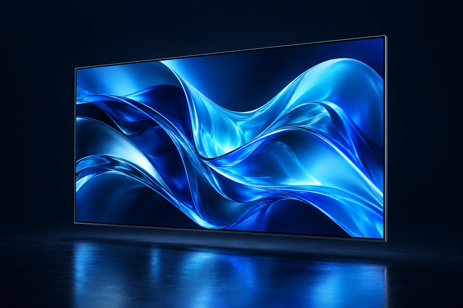 Interactive display concept with flowing electric-blue artwork